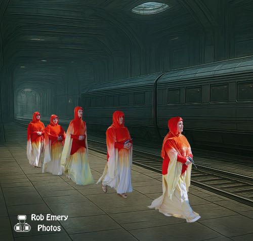 Amidala and her security entourage board a train